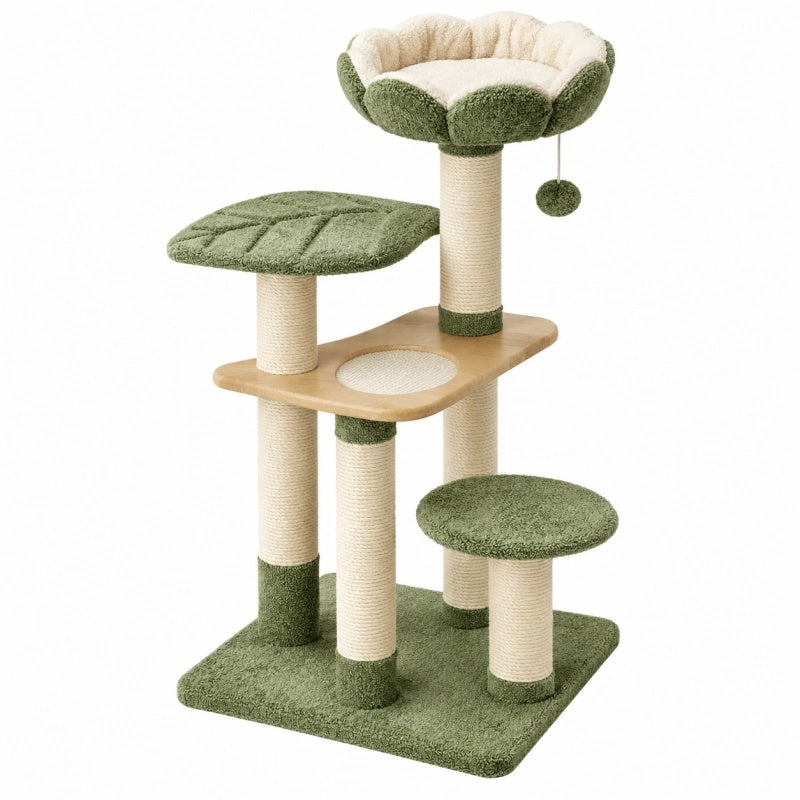 Avernelo Kratzbaum aus Sisal und Plüsch in Grün und Beige mit Liegeflächen, Maße 60x50x120 cm, für Katzen.