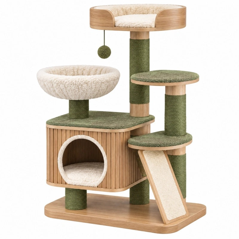 Avernelo Katzenkratzbaum aus Holz mit Sisal, Liegeflächen, in Grün und Creme, Maße 60x50x120 cm, ideal für Katzen.