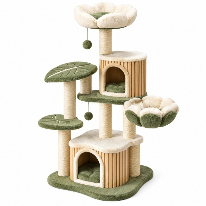 Avernelo Kratzbaum in Cremegrün mit Sisal, Plüsch, Höhlen, Liegeflächen und Spielbällen für Katzen, 150 cm hoch