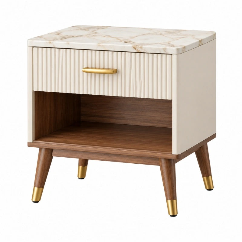 Nachttisch in Creme Braun Gold mit Schublade und offenem Fach, Maße 50x40x60 cm, von Avernelo.
