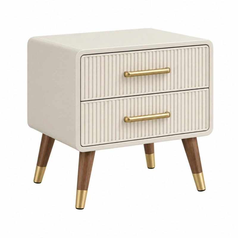 Heller Nachttisch aus Holzwerkstoff mit 2 Schubladen im Mid-Century-Stil, Maße 50x40x60 cm, von Avernelo.