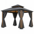 Gartenpavillon 300 x 300 x 280 cm Stahl Anthrazit Braun mit Vorhängen