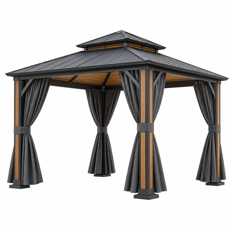 Gartenpavillon 300 x 300 x 280 cm Stahl Anthrazit Braun mit Vorhängen
