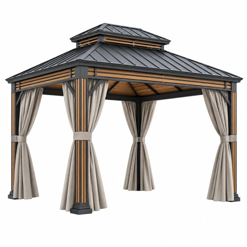 Gartenpavillon 300 x 300 x 280 cm Anthrazit Beige Metall mit Vorhängen und Doppeldach