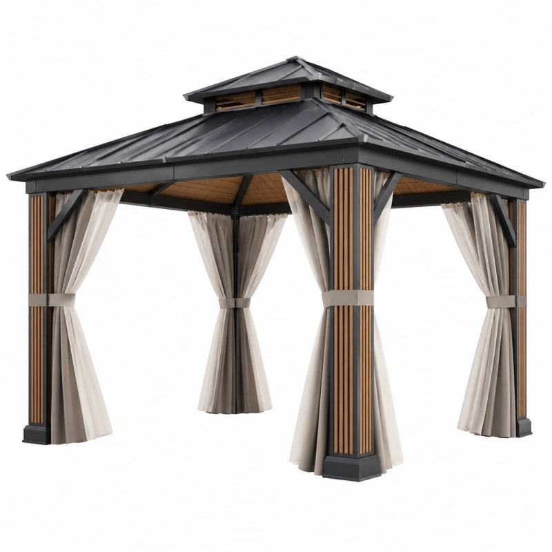 Gartenpavillon 300 x 300 cm Anthrazit Braun mit Metall-Dach und Vorhängen