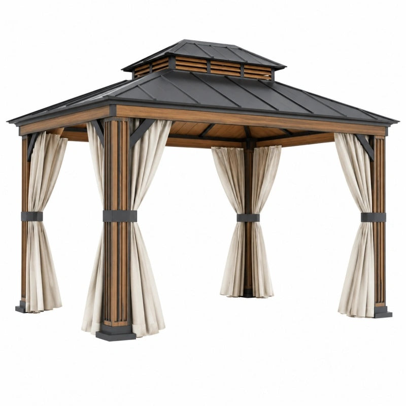 Gartenpavillon 300 x 300 cm Stahl in Holzoptik mit Vorhängen