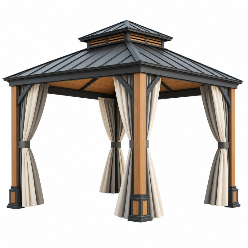 Gartenpavillon 300 x 300 x 300 cm Holz Metall Schwarz Braun mit Vorhängen