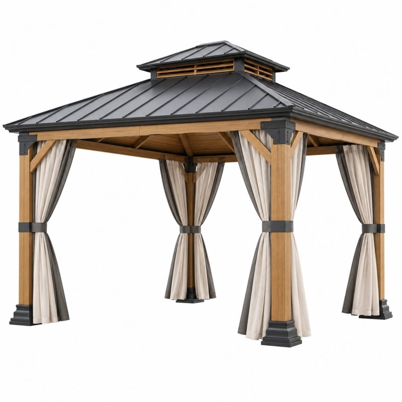 Heller Holz-Pavillon 300x300x300 cm mit Metalldach und Seitenvorhängen, ideal für Garten und Terrasse
