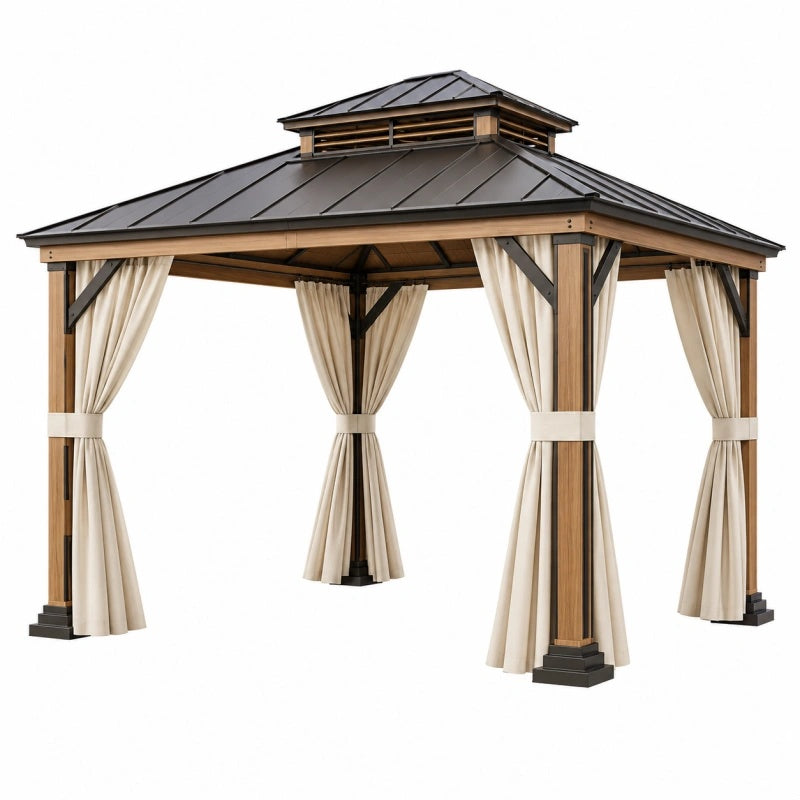 Gartenpavillon 300 x 300 cm Holz Metall Beige mit Vorhängen