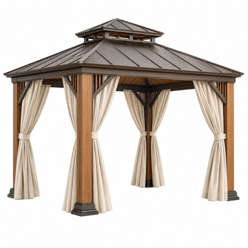 Avernelo Pavillon 300x300 cm aus Holz und Metall, braun-beige mit Vorhängen für den Garten, im Garten aufgebaut