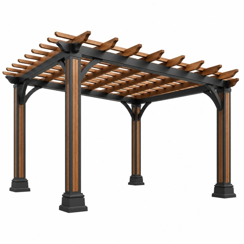 Metall- und Holz-Gartenpergola 300x300x240 cm mit offenem Lattendach in Braun und Schwarz, stilvoller Avernelo Pergola
