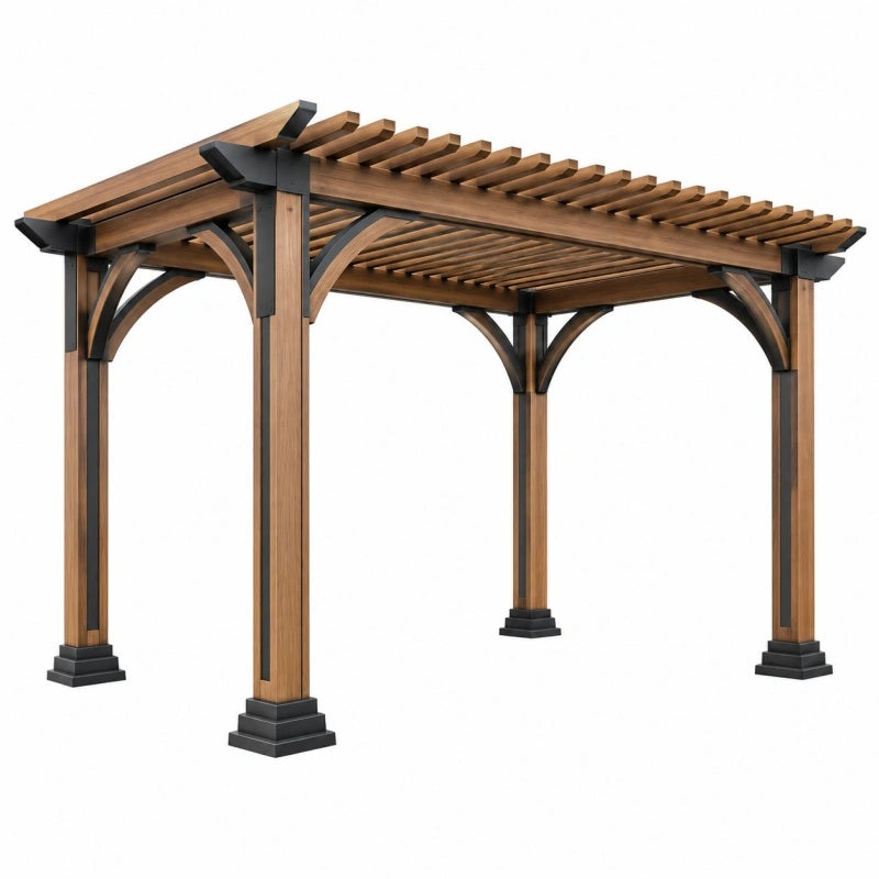 Holzpergola von Avernelo, 300x300x230 cm, braun-schwarz, mit offenem Lamellendach für Garten, wetterfest und stilvoll