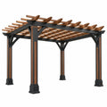 Schwarze und braune Pergola aus Metall und Holz mit Lamellendach, Maße 300x300x250 cm, von Avernelo im Garten.