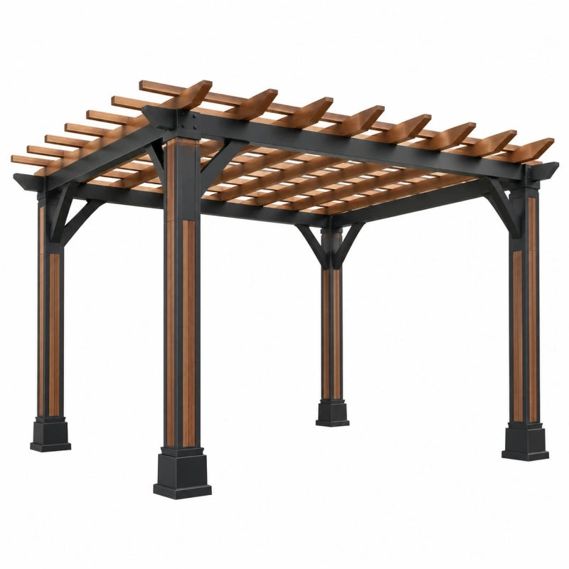 Schwarze und braune Pergola aus Metall und Holz mit Lamellendach, Maße 300x300x250 cm, von Avernelo im Garten.