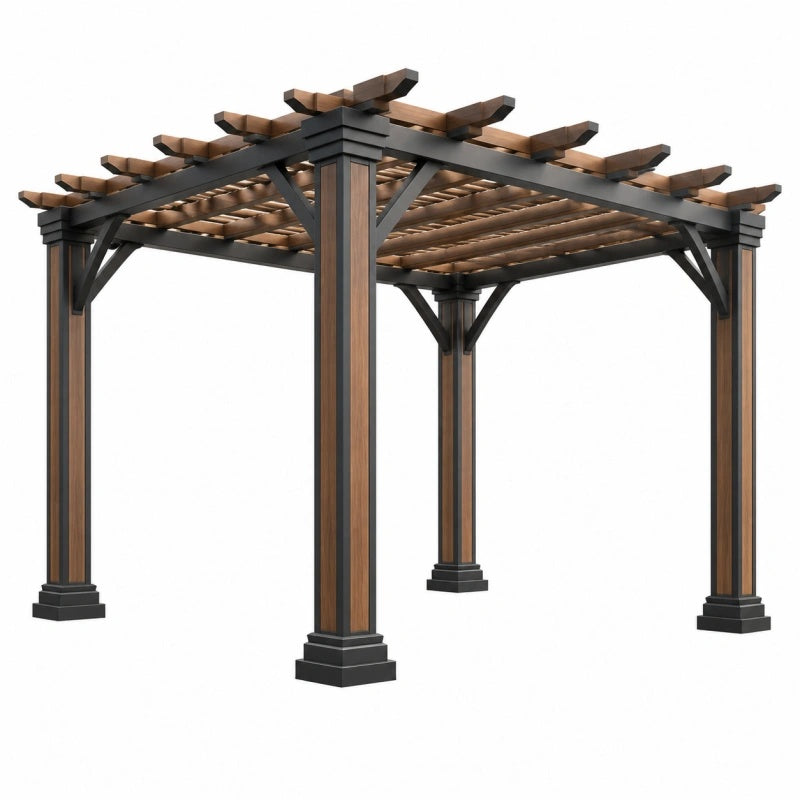 Schwarz-braune Metall-Gartenpergola 300x300x240 cm mit offenem Dach und Modernem Design, Avernelo Marke