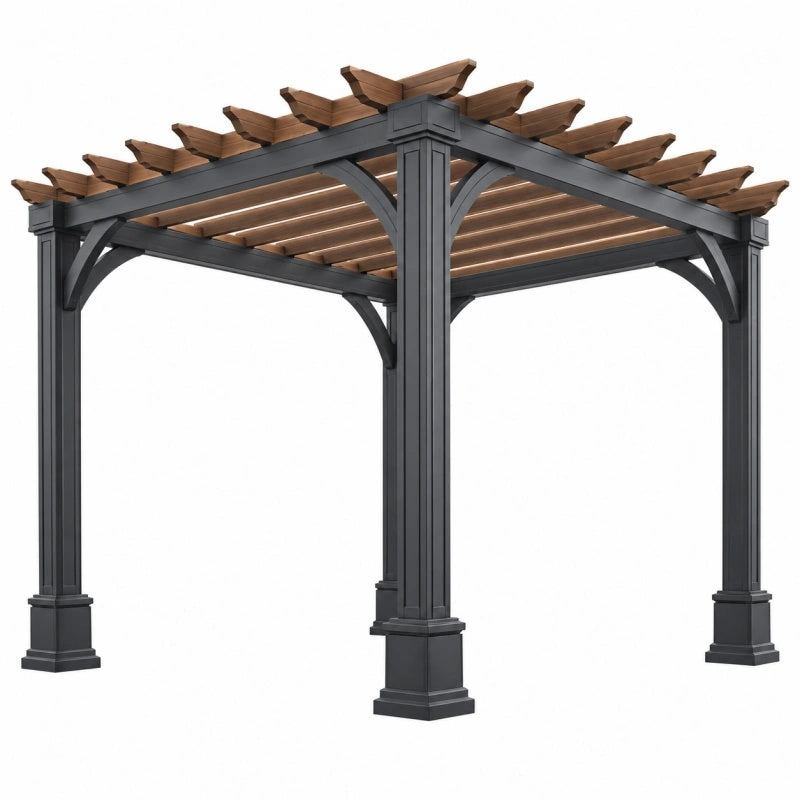 Avernelo Pergola aus Metall und Holz, braun und anthrazit, 300 x 300 x 250 cm, für den Garten, Gartenüberdachung
