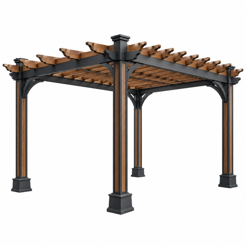 Avernelo Pergola aus Metall, 300x300x250 cm, schwarz-braun, mit offenem Latten-Dach für Garten.