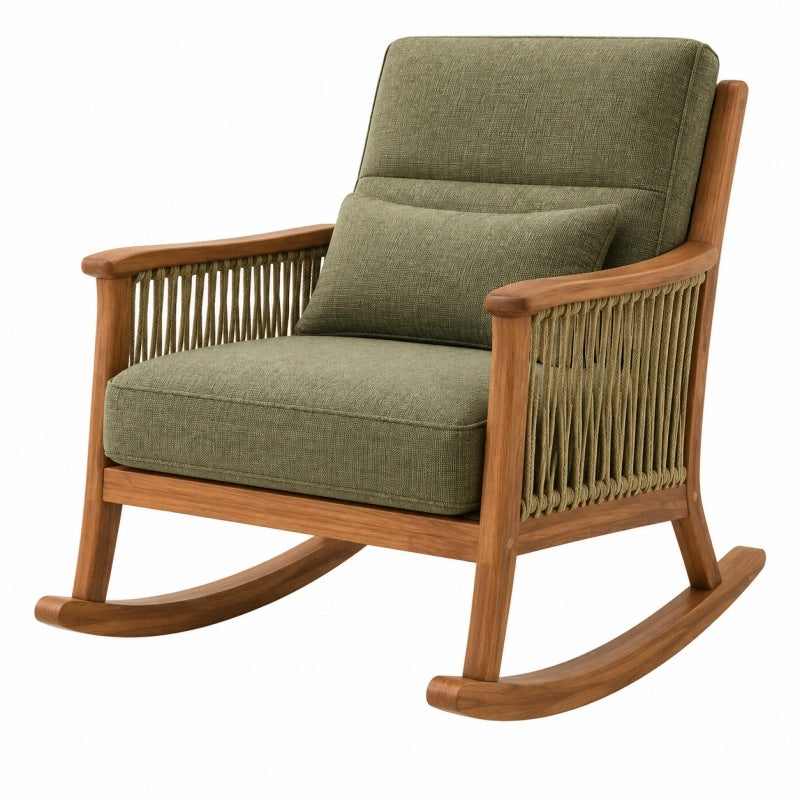 Avernelo Schaukelstuhl aus Holz und Textil in Olivgrün und Braun mit Kufen, Maße 75x90x100 cm, für Wohnzimmer.