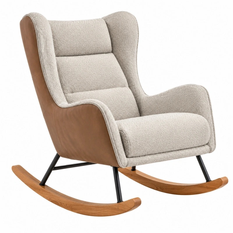 Avernelo Schaukelstuhl aus Boucléstoff und Kunstleder in Beige Braun, Maße 95 x 75 x 105 cm, bequem und stilvoll.