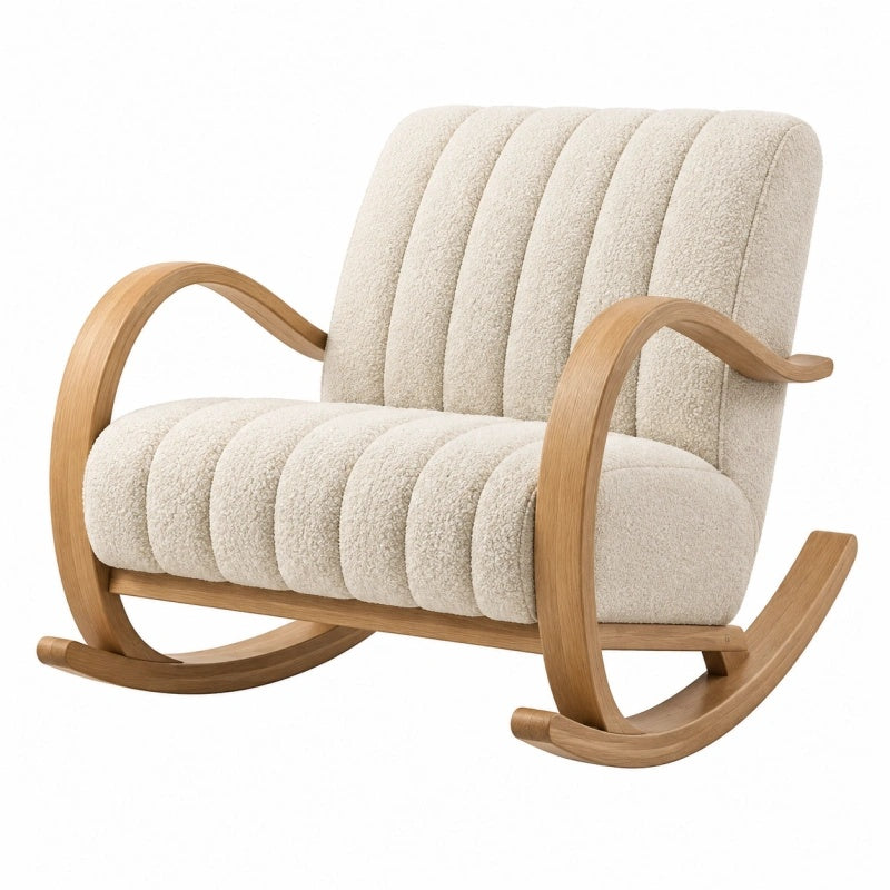 Gepolsterter Schaukelstuhl aus Holz mit cremefarbenem Bouclé-Bezug, Maße 100x75x100 cm, Avernelo, bequem und stilvoll.