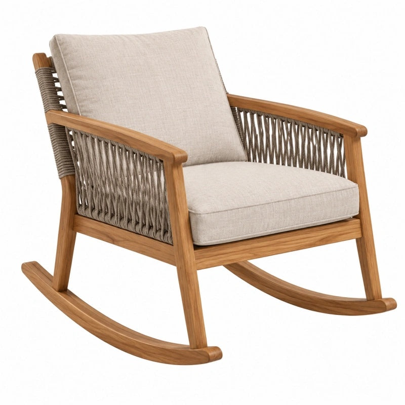 Avernelo Schaukelstuhl aus Holz mit beige Geflecht und gepolstertem Sitz, Maße 93x70x92 cm, gemütlich und stilvoll.