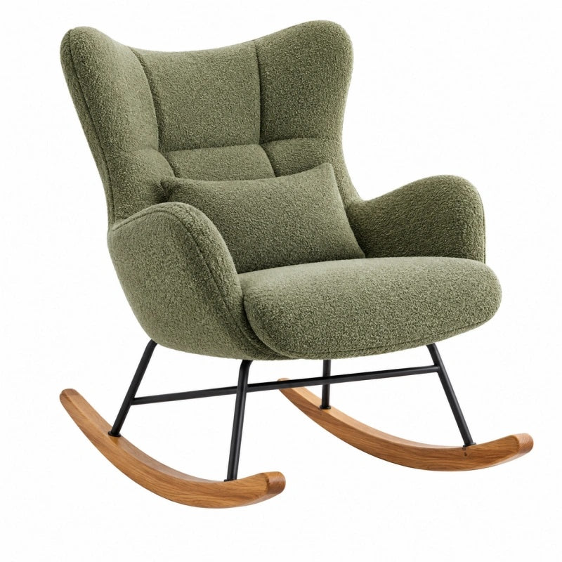 Avernelo Schaukelstuhl aus Boucléstoff in Olivgrün mit Holzgestell, 98 x 75 x 102 cm, bequemer Sitzmöbel in modernem Design