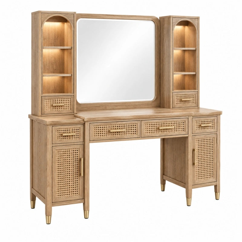 Holz Schminktisch-Set von Avernelo mit Rattan Spiegel, Stauraum, Naturfarben, Maße 120x45x170 cm, eleganter Make-up Tisch