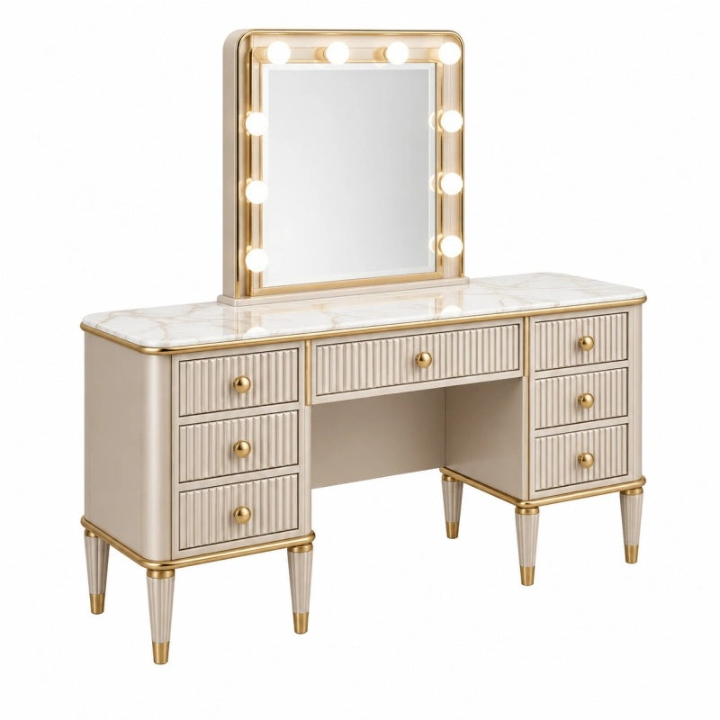 Moderner Avernelo Schminktisch aus Holzwerkstoff in Beige und Gold, mit Spiegelbeleuchtung und klassischem Stil.
