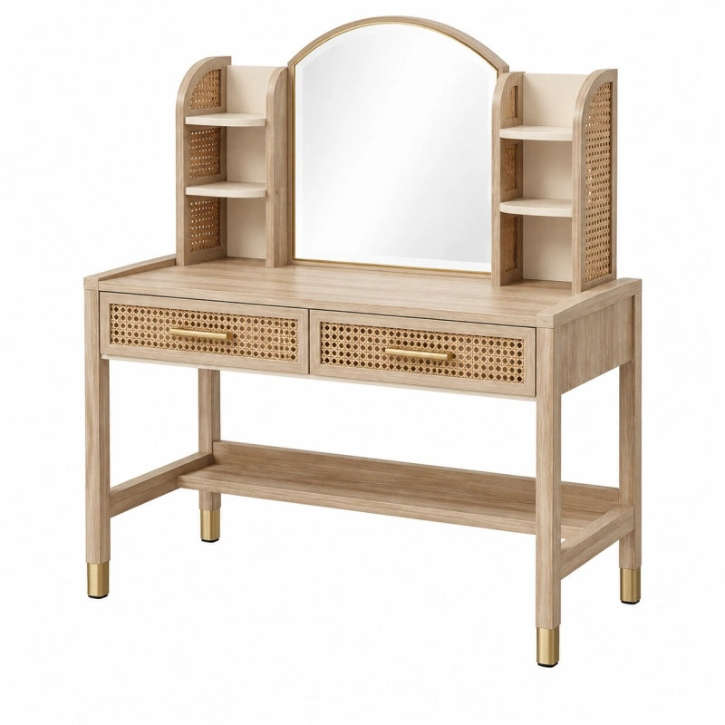 Avernelo Schminktisch aus Holzwerkstoff mit Rattan und Spiegel im Boho-Stil, Maße 100 x 45 x 150 cm, naturfarben