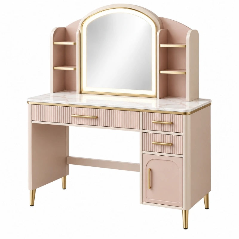 Rosa Schminktisch von Avernelo mit Spiegel, Stauraum und glamourhaftem Design, Maße 120 x 50 x 150 cm.