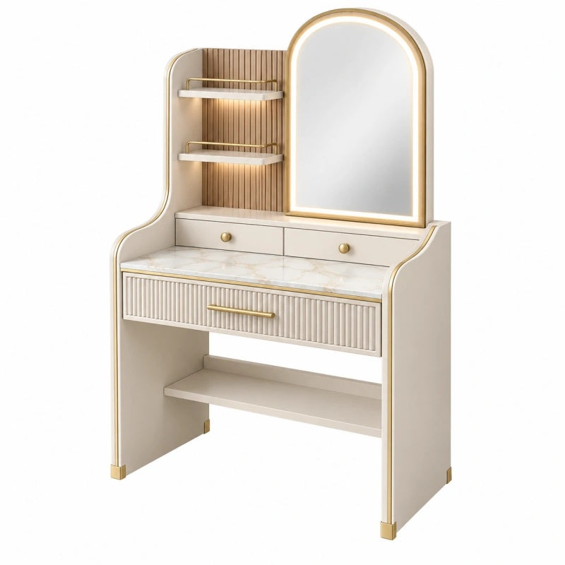 Frisiertisch 100 x 50 x 160 cm in Elfenbein und Gold mit Spiegel Beleuchtung Schubladen und Ablagen